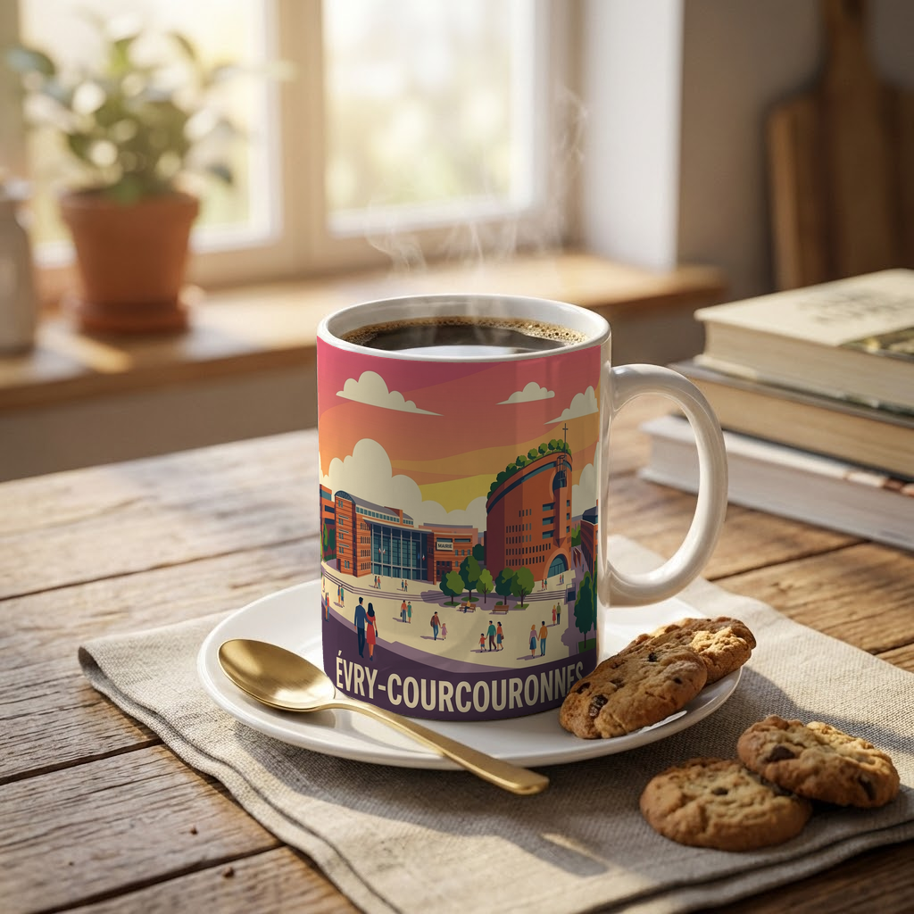 Mug souvenir de la ville d'Évry-Courcouronnes avec une illustration stylisée.