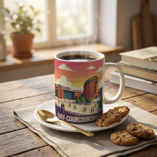 Mug souvenir de la ville d'Évry-Courcouronnes avec une illustration stylisée.