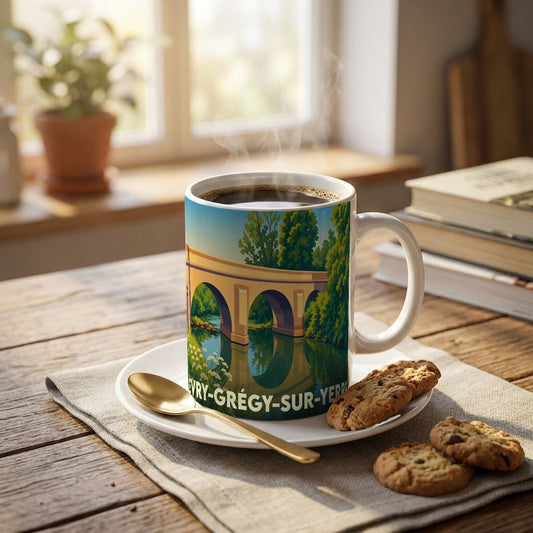 Mug souvenir de la ville d'Évry-Grégy-sur-Yerre orné d'une illustration stylisée de son pont historique.