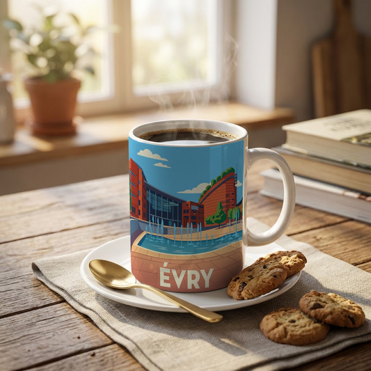 Mug souvenir de la ville d’Évry avec une illustration stylisée.