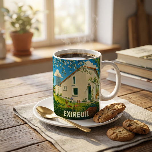 Mug souvenir de la ville d'Exireuil avec une illustration stylisée d'une maison de campagne.