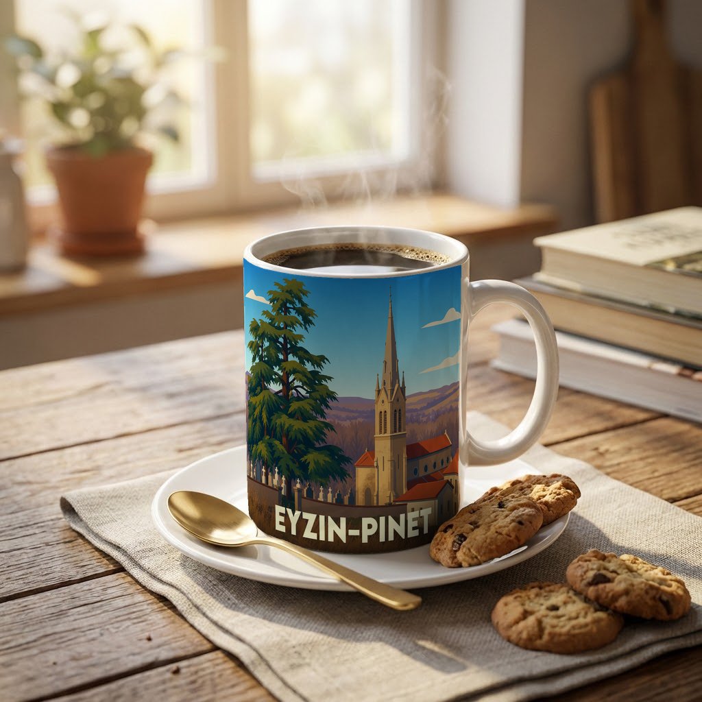 Mug souvenir de la ville d'Eyzin-Pinet avec une illustration stylisée montrant l'église et un paysage arboré.