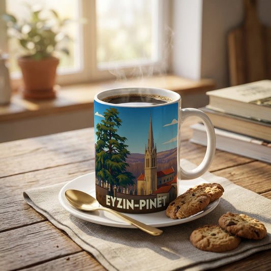 Mug souvenir de la ville d'Eyzin-Pinet avec une illustration stylisée montrant l'église et un paysage arboré.