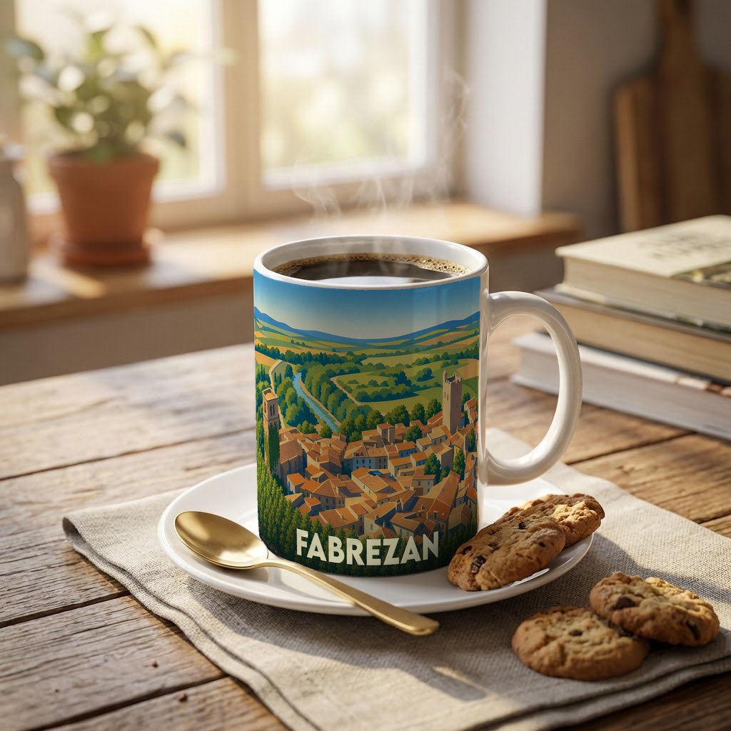 Mug souvenir de la ville de Fabrezan illustré d'un paysage panoramique coloré.