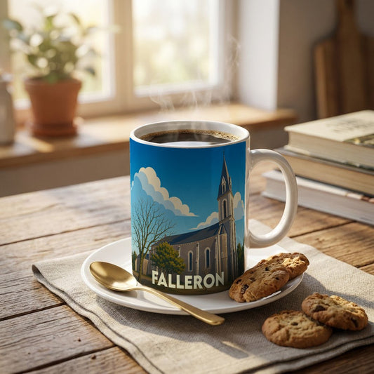 Mug souvenir de la ville de Falleron avec une illustration stylisée de son église sous un ciel bleu.