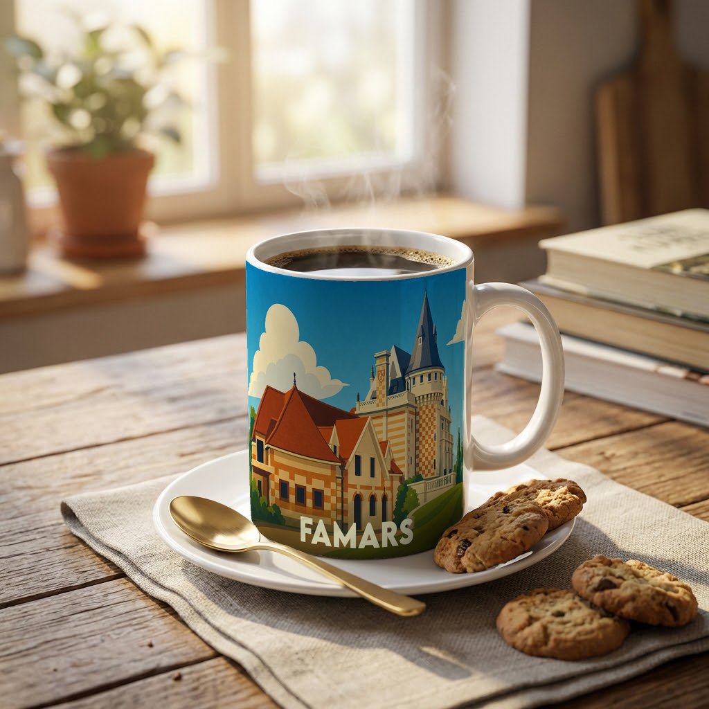 Mug souvenir de la ville de Famars orné d'une illustration stylisée de son patrimoine.