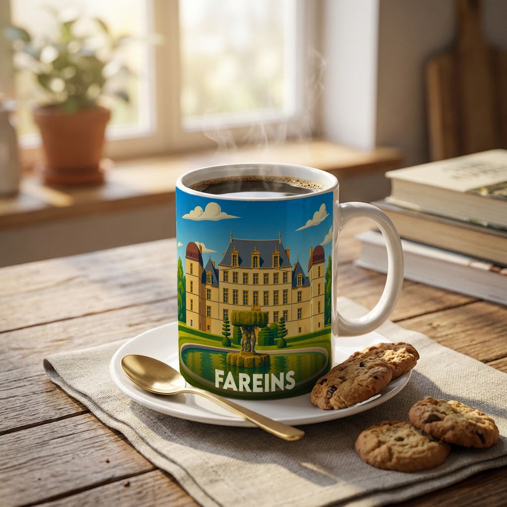 Mug souvenir de la ville de Fareins orné d'une illustration stylisée de château.