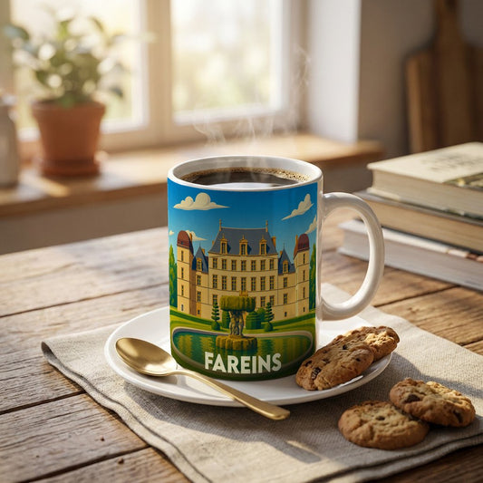 Mug souvenir de la ville de Fareins orné d'une illustration stylisée de château.