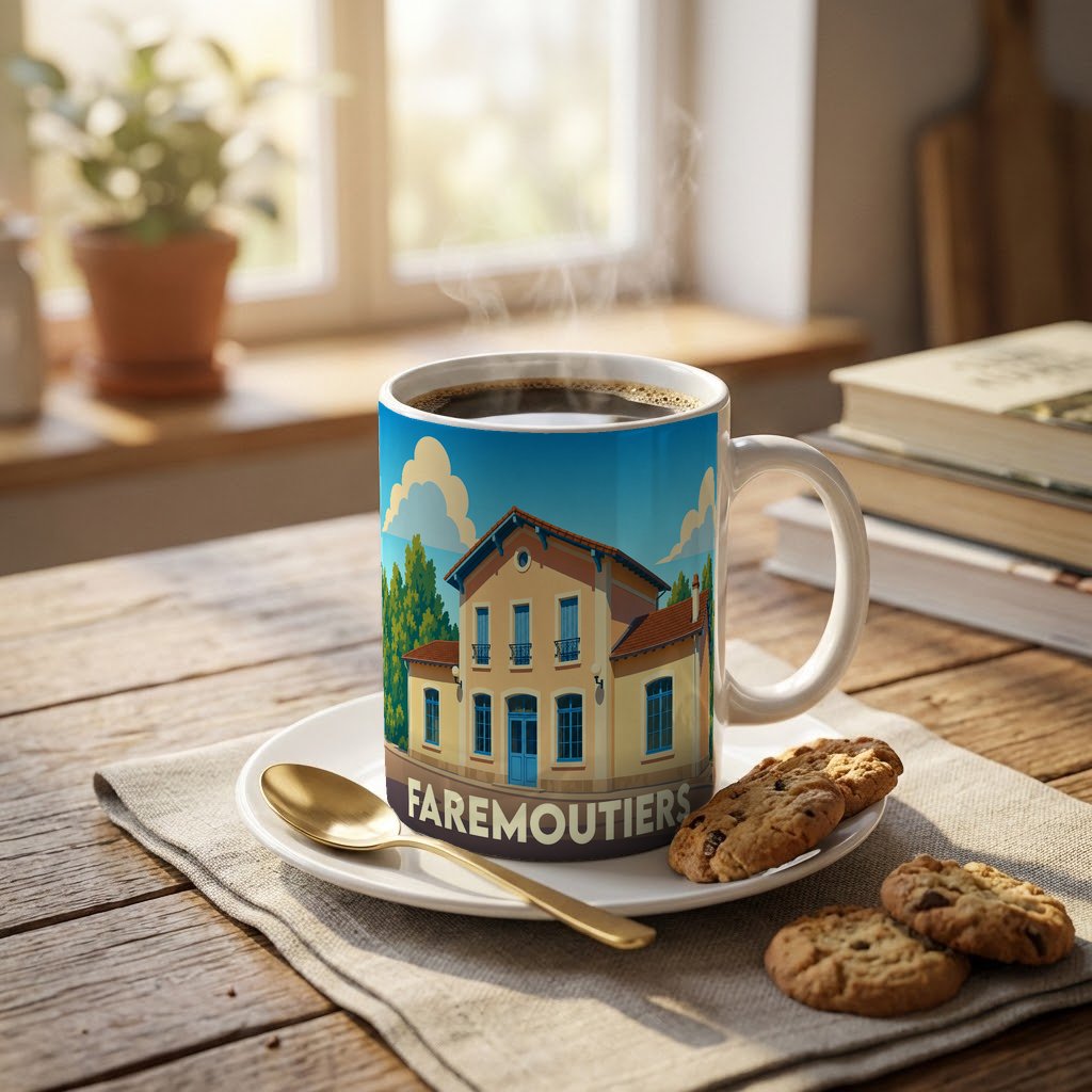 Mug souvenir de la ville de Faremoutiers orné d'une illustration stylisée de sa gare.