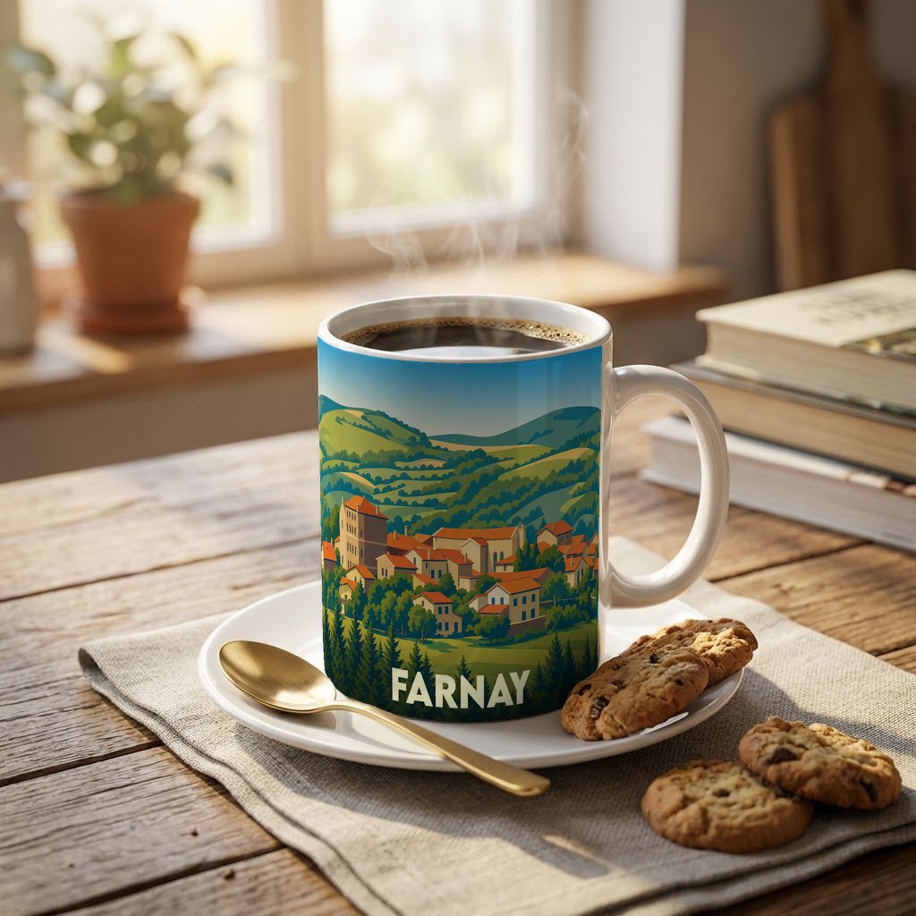 Mug souvenir de la ville de Farnay avec une illustration stylisée d'un village vallonné.