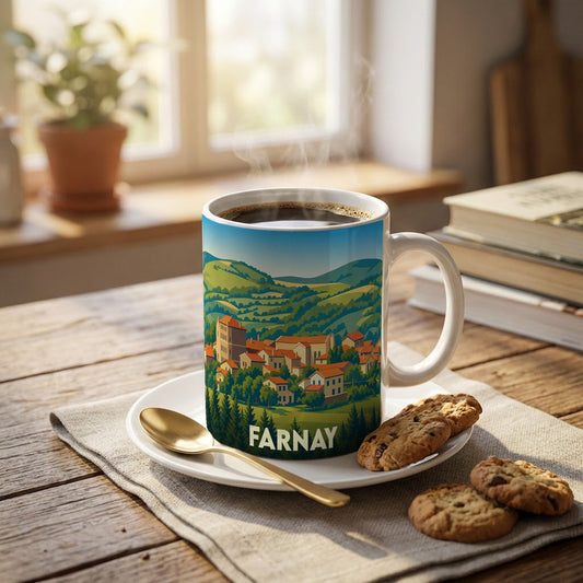 Mug souvenir de la ville de Farnay avec une illustration stylisée d'un village vallonné.