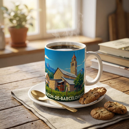 Mug souvenir de la ville de Faucon-de-Barcelonnette avec une illustration stylisée de son église et des montagnes.