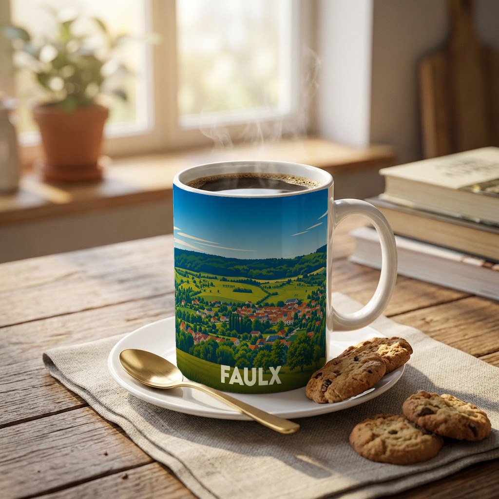 Mug souvenir de la ville de Faulx avec une illustration stylisée d'un paysage de campagne.