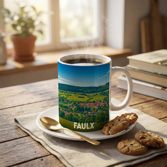 Mug souvenir de la ville de Faulx avec une illustration stylisée d'un paysage de campagne.