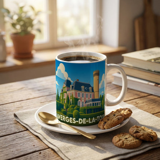 Mug souvenir de la ville de Faverges-de-la-Tour avec une illustration stylisée de son château.