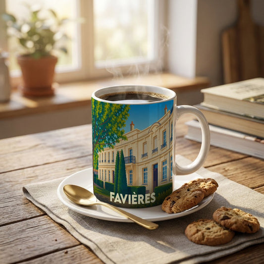 Mug souvenir de la ville de Favières orné d'une illustration stylisée représentant un bâtiment classique.