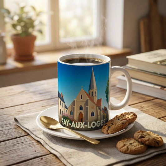 Mug souvenir de la ville de Fay-aux-Loges avec une illustration stylisée de son église.