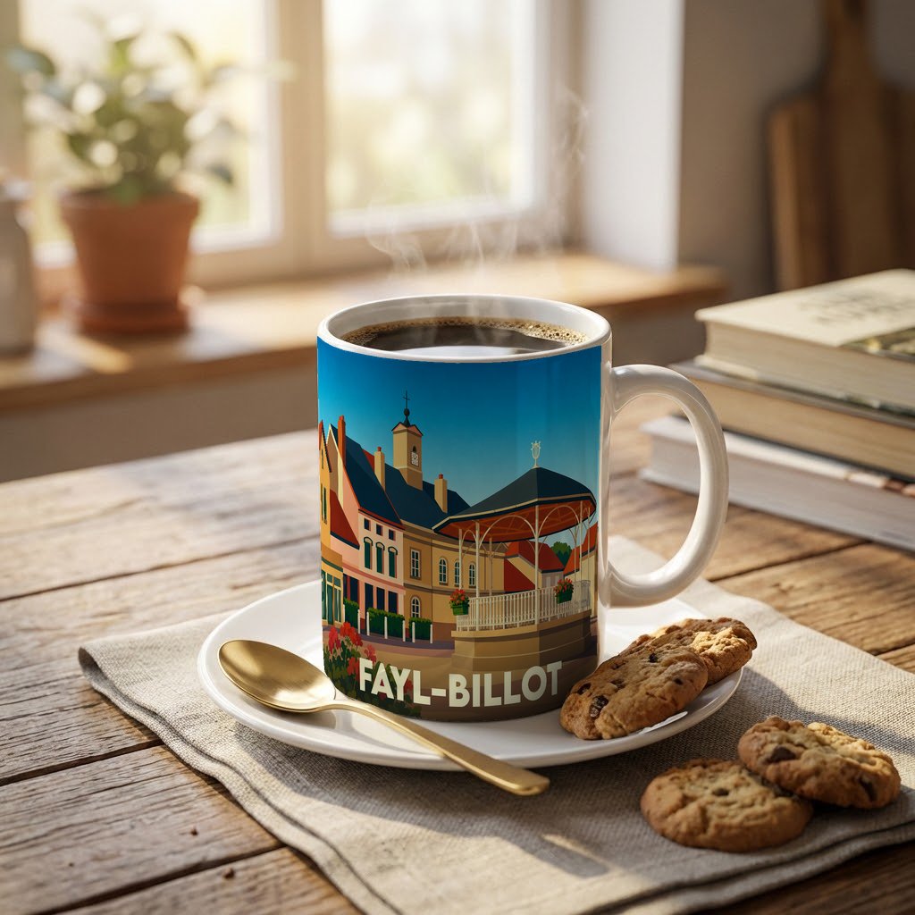 Mug souvenir de la ville de Fayl-Billot avec une illustration stylisée d'une place et de son kiosque.