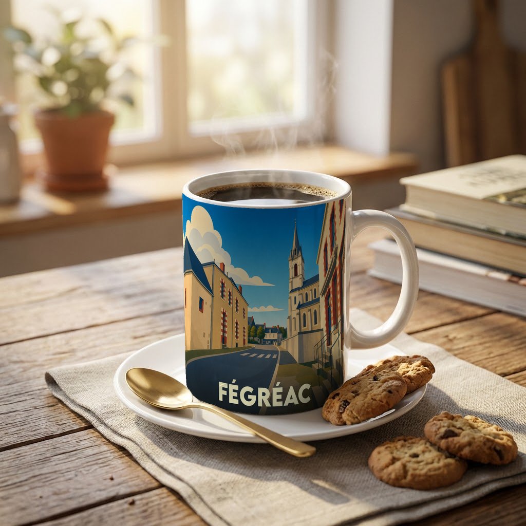 Mug souvenir de la ville de Fégréac orné d'une illustration stylisée de ses rues et de son église.
