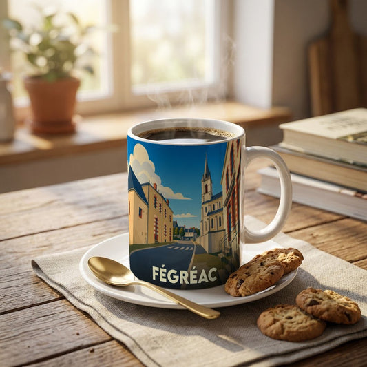 Mug souvenir de la ville de Fégréac orné d'une illustration stylisée de ses rues et de son église.