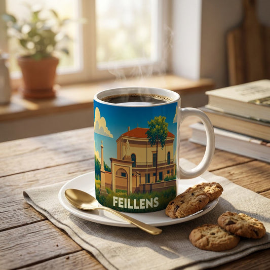 Mug souvenir de la ville de Feillens illustré d'un paysage urbain stylisé.