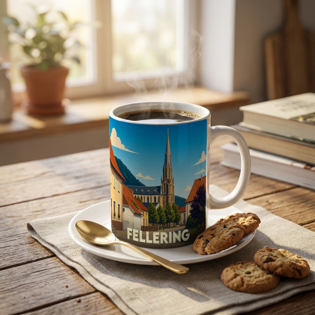 Mug souvenir de la ville de Fellering orné d'une illustration stylisée de son église et de ses maisons.
