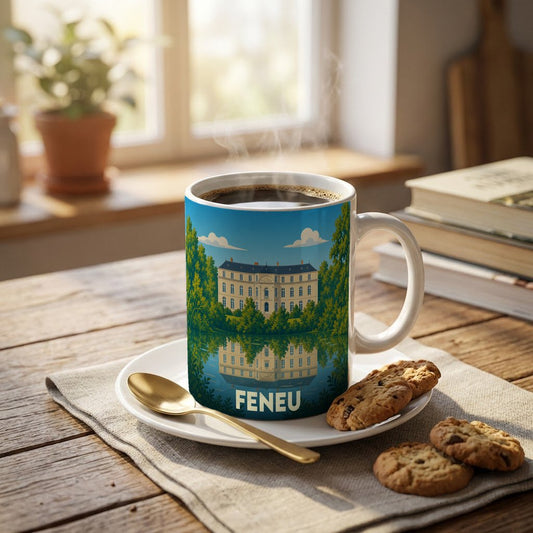 Mug souvenir de la ville de Feneu orné d'une illustration stylisée de son château se reflétant dans l'eau.