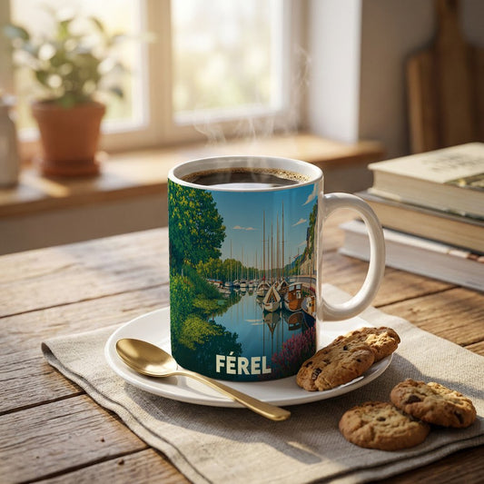 Mug souvenir de la ville de Férel illustré d'un port de plaisance paisible au bord de l'eau.