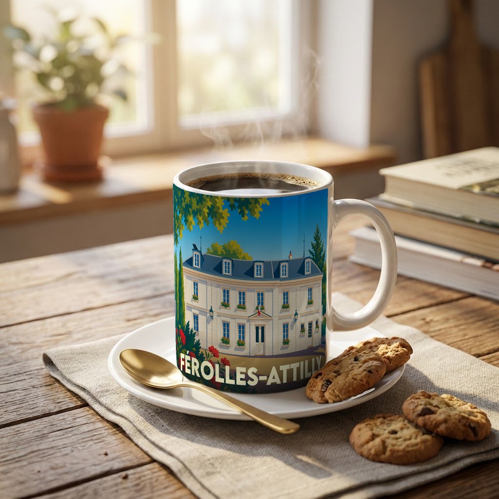 Mug souvenir de la ville de Férolles-Attilly orné d'une illustration stylisée de son architecture.