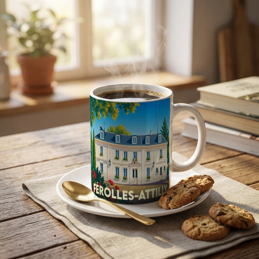 Mug souvenir de la ville de Férolles-Attilly orné d'une illustration stylisée de son architecture.