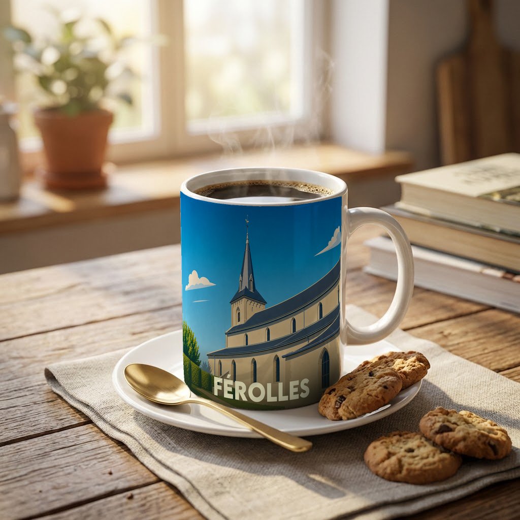 Mug souvenir de la ville de Férolles illustré d'une église stylisée sous un ciel bleu.