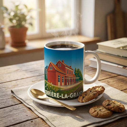 Mug souvenir de la ville de Ferrière-la-Grande avec une illustration stylisée de son ancienne gare.
