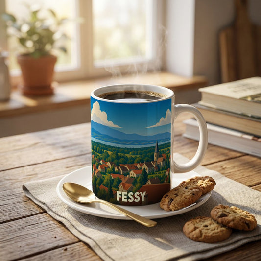 Mug souvenir de la ville de Fessy avec une illustration stylisée d'un paysage de campagne.