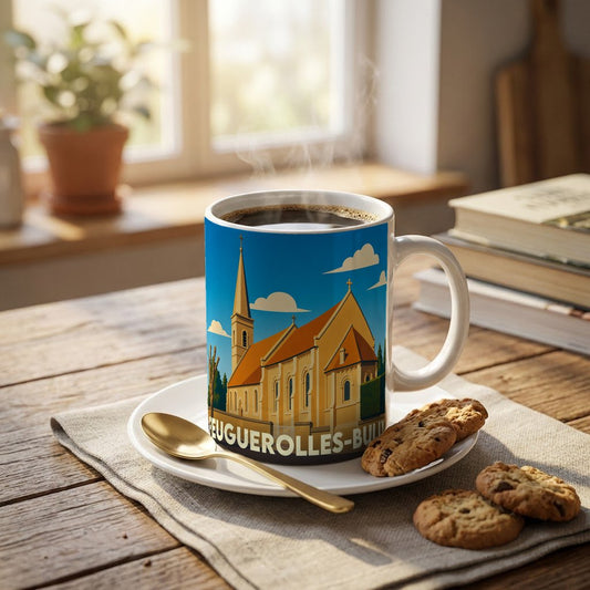 Mug souvenir de la ville de Feuguerolles-Bully avec une illustration stylisée d'église.