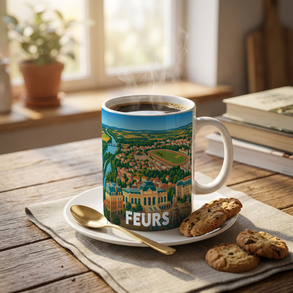 Mug souvenir de la ville de Feurs illustré d'un panorama coloré de la cité et de son hippodrome.