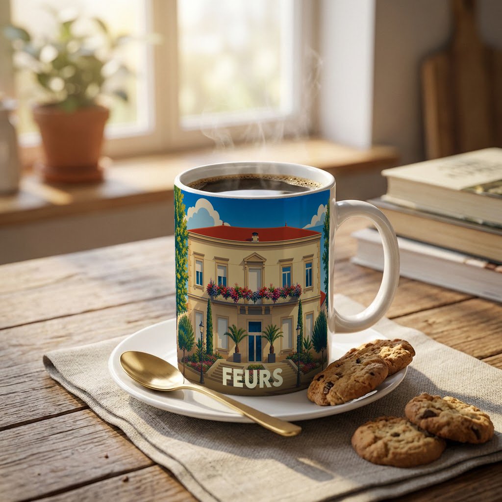Mug souvenir de la ville de Feurs orné d'une illustration stylisée de sa villa emblématique.