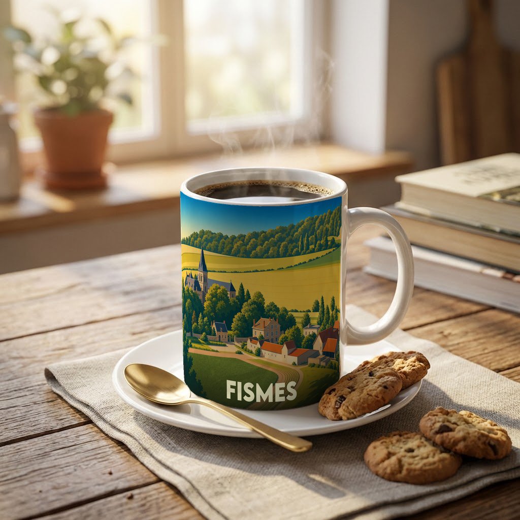 Mug souvenir de la ville de Fismes illustré par un paysage de campagne stylisé.