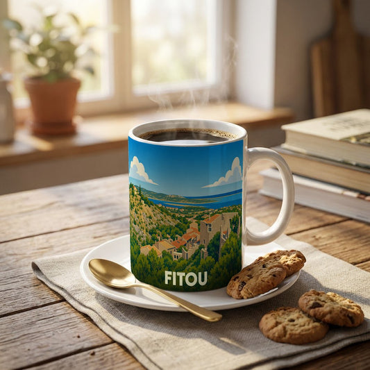 Mug souvenir de la ville de Fitou illustré d'un paysage méditerranéen stylisé.