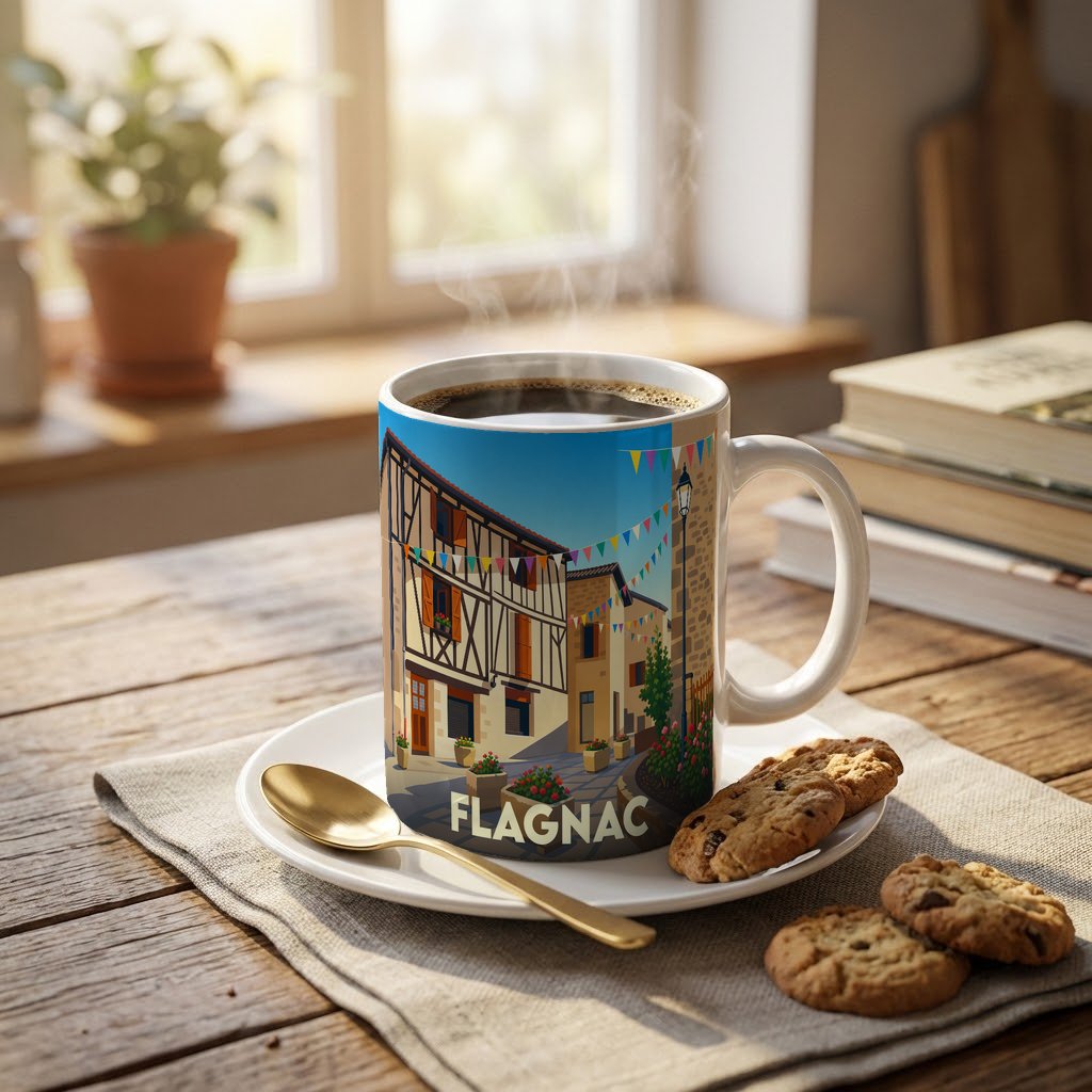 Mug souvenir de la ville de Flagnac illustré d'une scène de rue pittoresque.