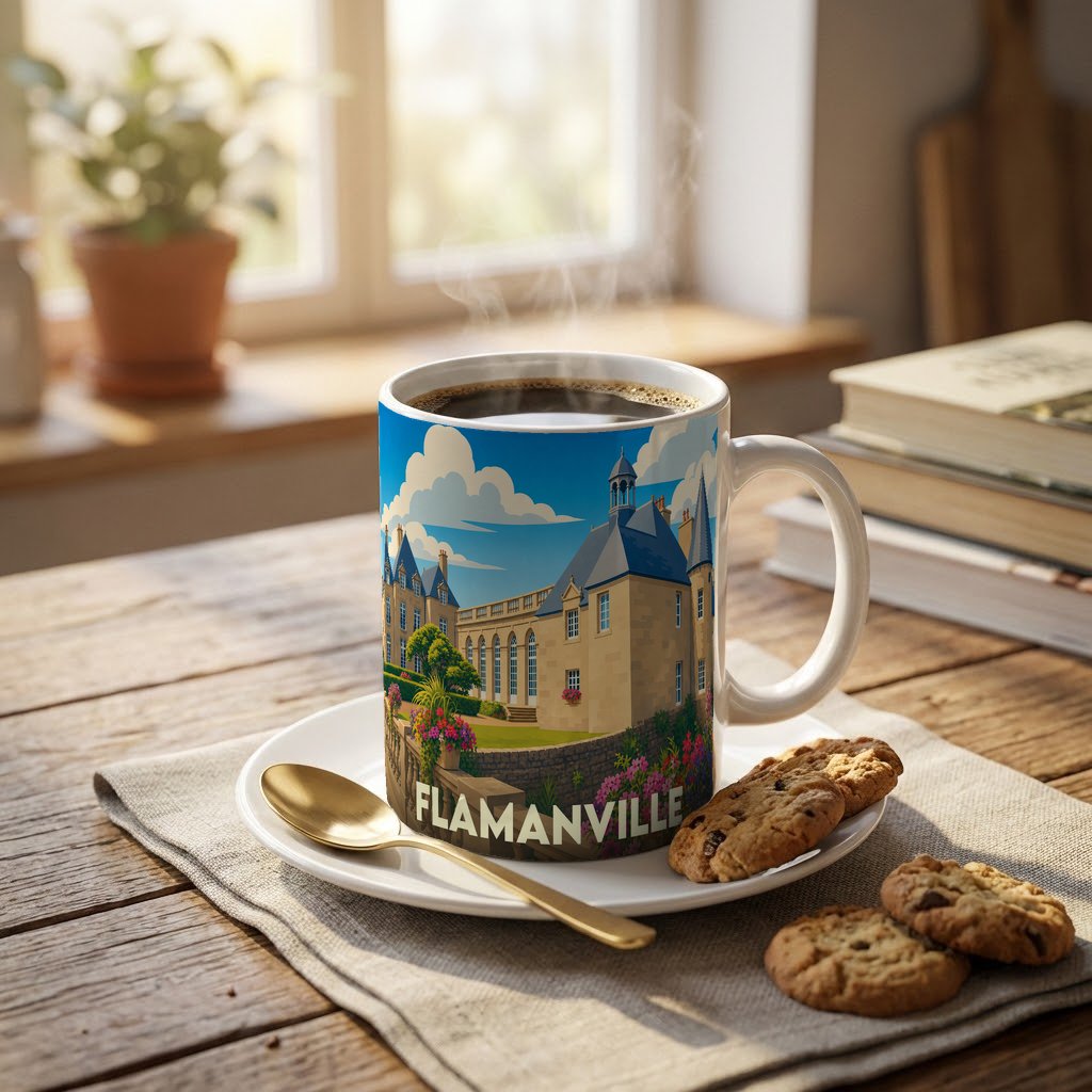 Mug souvenir de la ville de Flamanville avec une illustration stylisée d'un château.