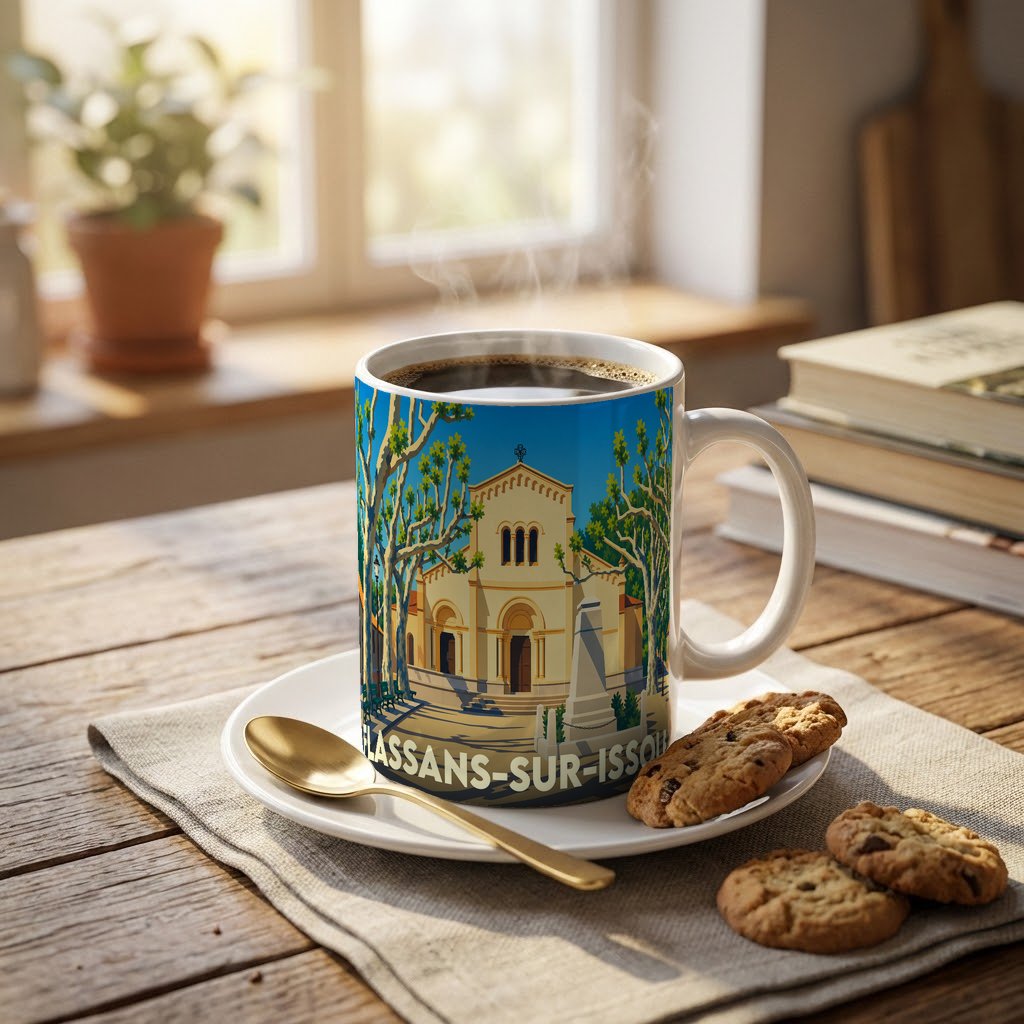 Mug souvenir de la ville de Flassans-sur-Issole avec une illustration stylisée de son église.