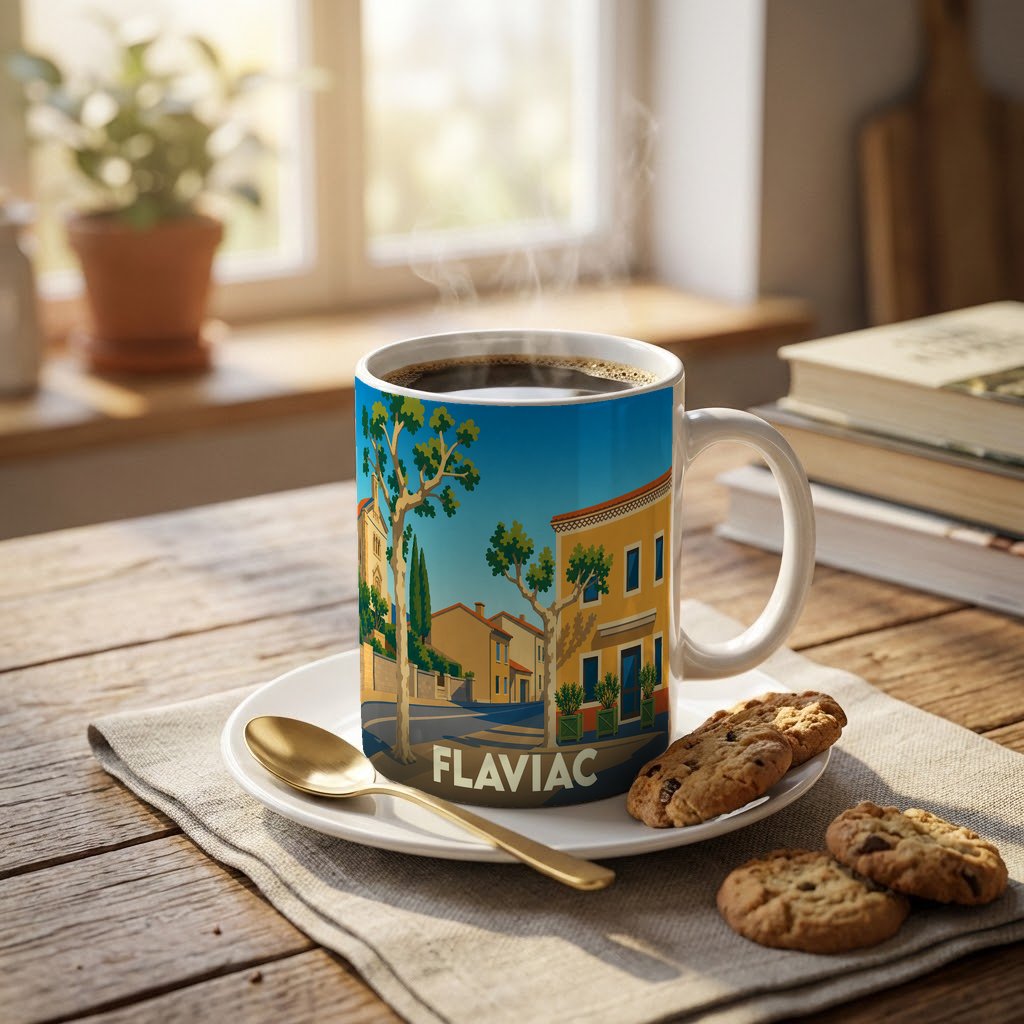 Mug souvenir de la ville de Flaviac avec une illustration colorée et stylisée de ses rues.
