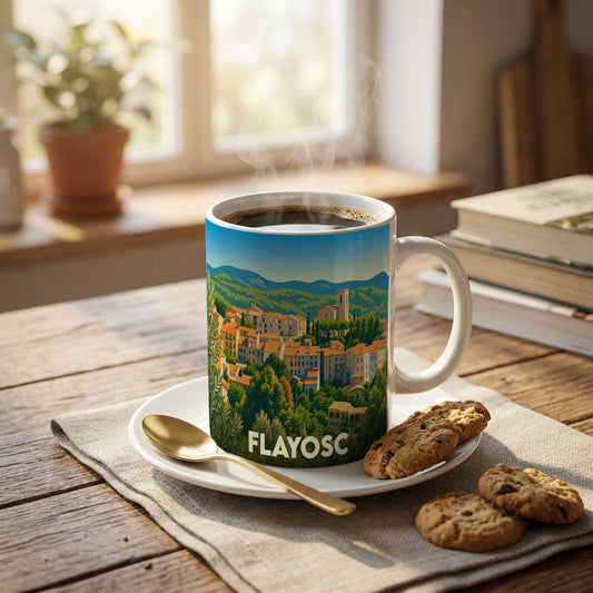 Mug souvenir de la ville de Flayosc avec une illustration stylisée d'un village provençal.