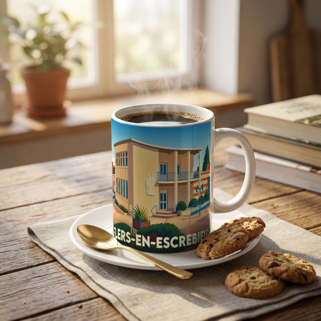 Mug souvenir de la ville de Flers-en-Escrebieux avec une illustration stylisée de son architecture.