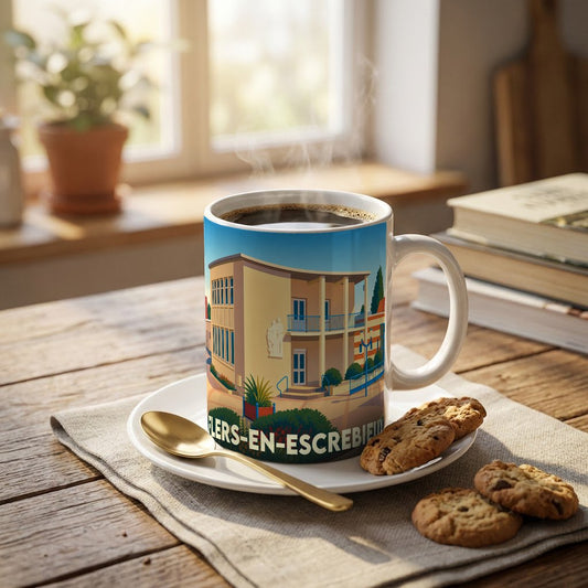 Mug souvenir de la ville de Flers-en-Escrebieux avec une illustration stylisée de son architecture.