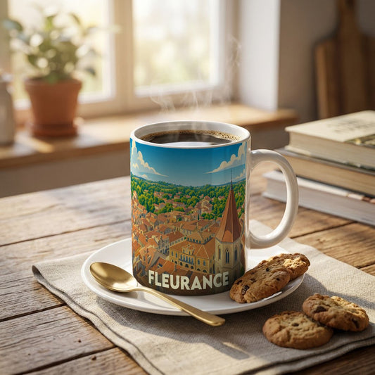 Mug souvenir de la ville de Fleurance avec une illustration panoramique stylisée.