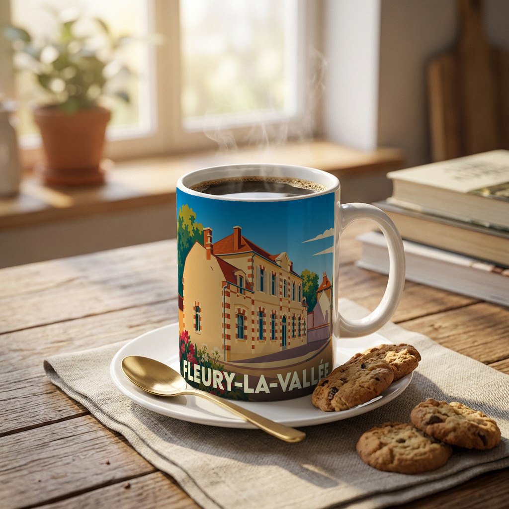 Mug souvenir de la ville de Fleury-la-Vallée avec une illustration stylisée d'un bâtiment historique.