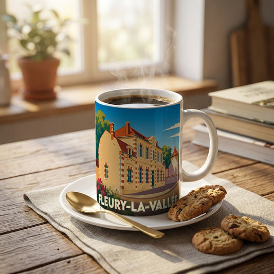 Mug souvenir de la ville de Fleury-la-Vallée avec une illustration stylisée d'un bâtiment historique.
