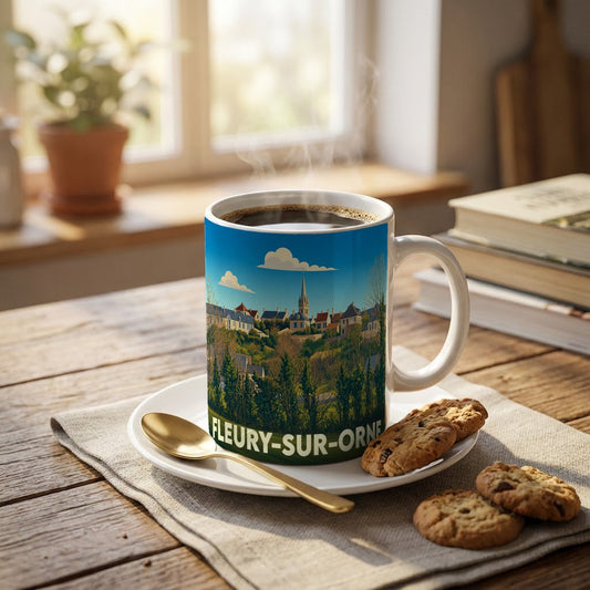 Mug souvenir de la ville de Fleury-sur-Orne avec une illustration stylisée d'un paysage urbain.