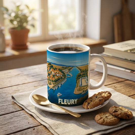 Mug souvenir de la ville de Fleury illustré d'une vue stylisée du port et de ses bateaux.